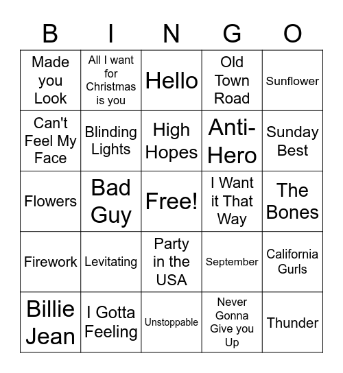 Pop Music Bingo Card