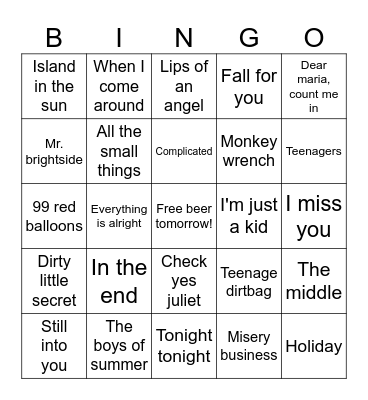 Emo/Punk 2 Bingo Card