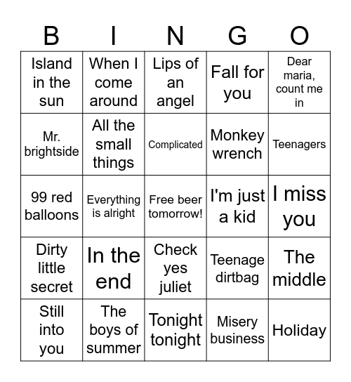 Emo/Punk 2 Bingo Card