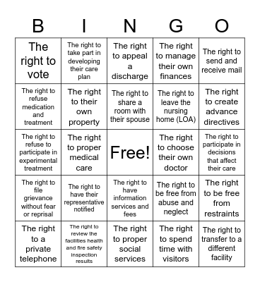 Resident Rights Bingo Card