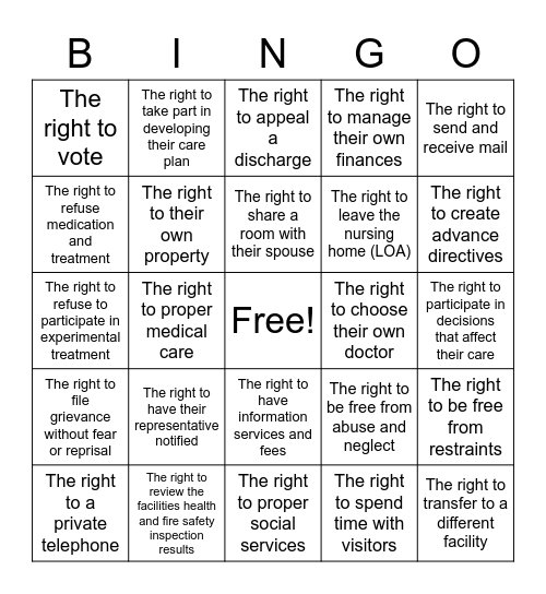 Resident Rights Bingo Card