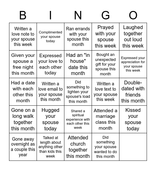 Couples Bingo Card