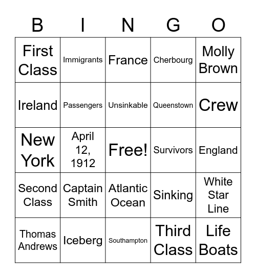 Titanic Bingo Card Bingo Card