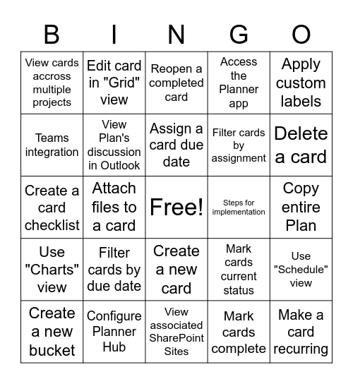 Planner Training Bingo Card