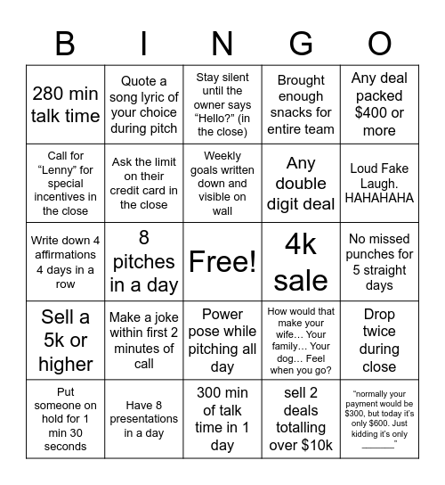 Worldmark Telesales BINGO Card