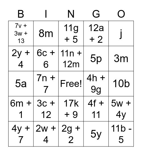 Combine Like Terms Bingo Card