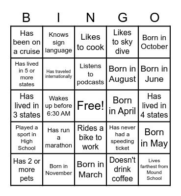 Coworker Team Building Bingo Card