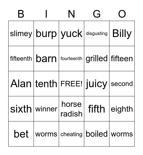 How To Eat Fried Worms Bingo Card