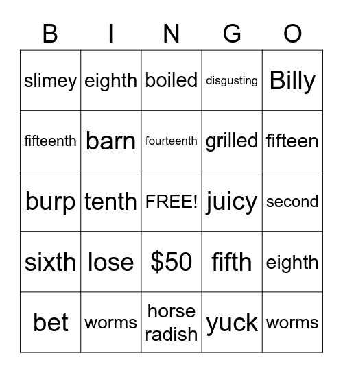 How To Eat Fried Worms Bingo Card