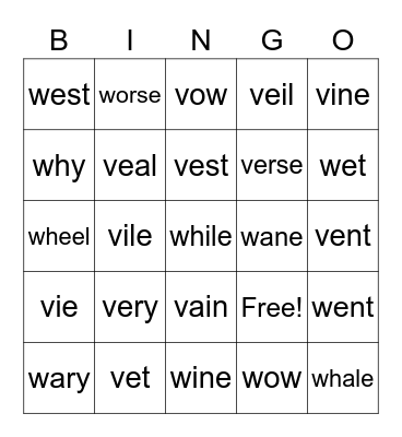 W vs V Sounds Bingo Card