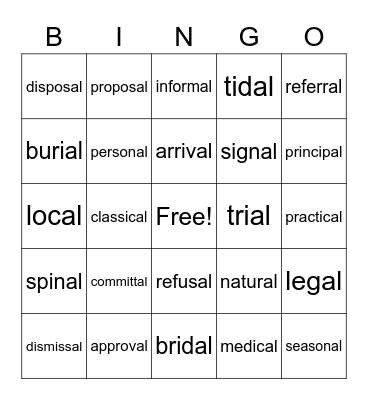 Suffix -al Bingo Card