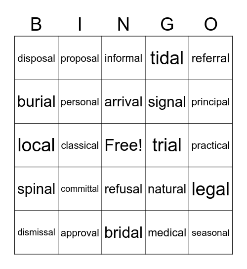 Suffix -al Bingo Card