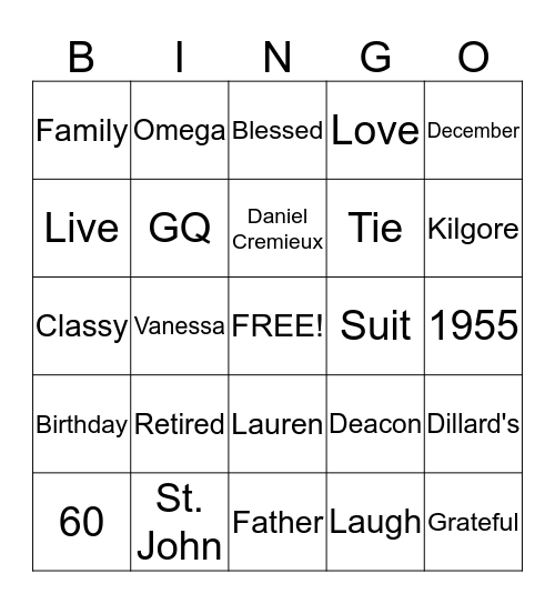 Happy 60th Gayelord Bingo Card