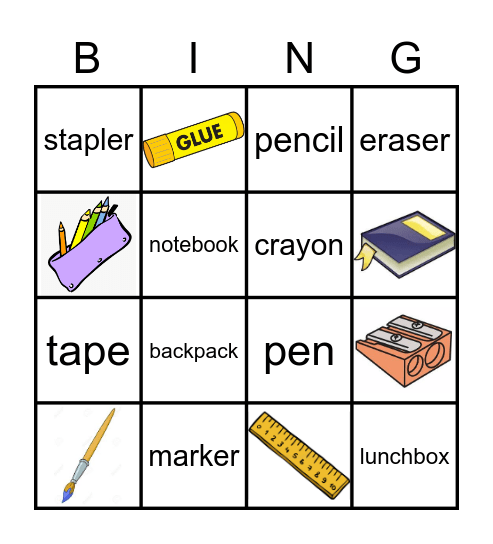 School Things Bingo Card