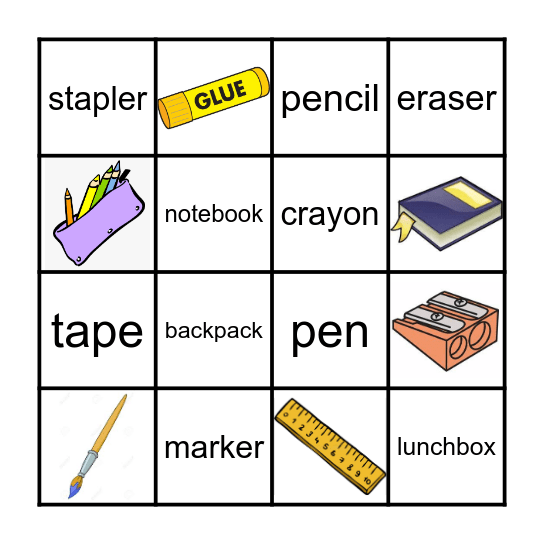 School Things Bingo Card