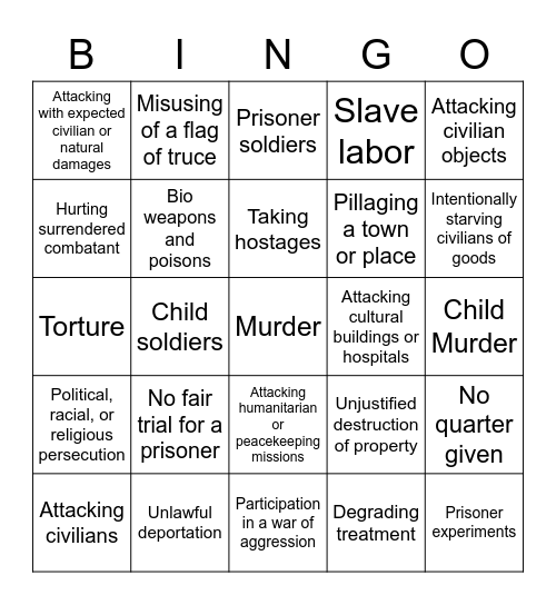 War Crimes Bingo Card