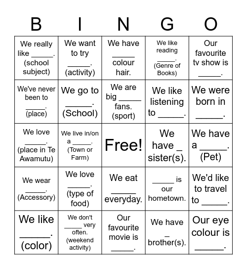 Things We Have in Common Bingo Card