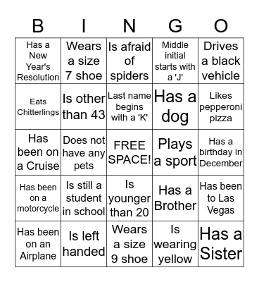 King Family Bingo Card