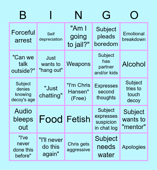 To Catch a Predator Bingo Card