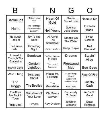 60s & 70s MUSIC Bingo Card