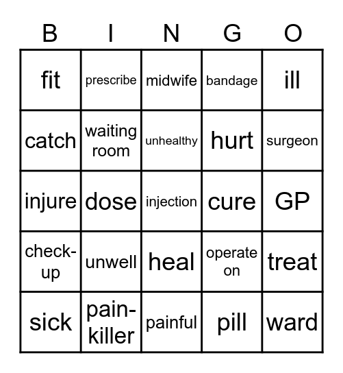 Health - verbs, adjectives, nouns Bingo Card