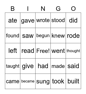 Irregular Past Verbs Bingo Card