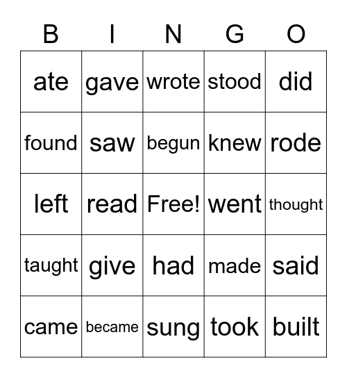 Irregular Past Verbs Bingo Card