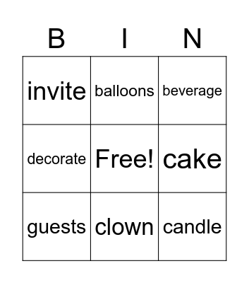 Party time Bingo Card