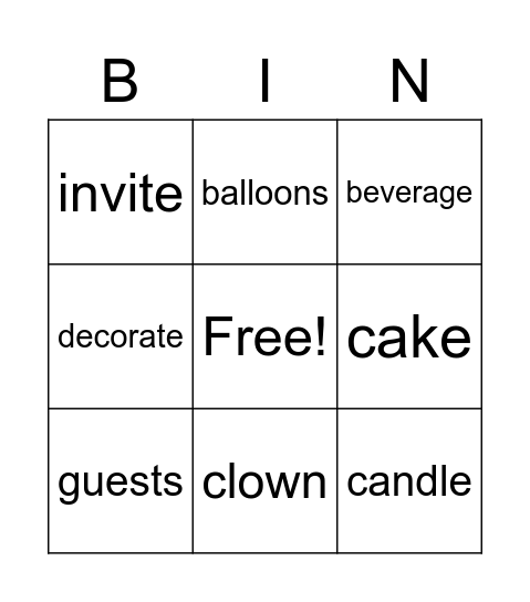 Party time Bingo Card