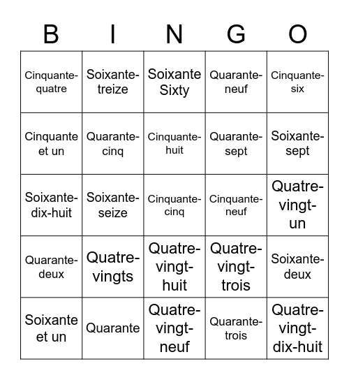 Les nombres Bingo Card