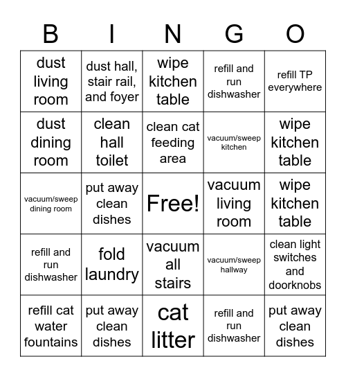 General Household ToDos Bingo Card