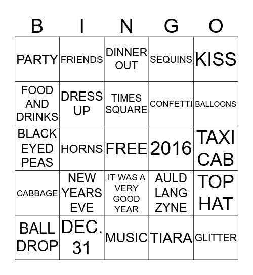 NEW YEARS EVE Bingo Card