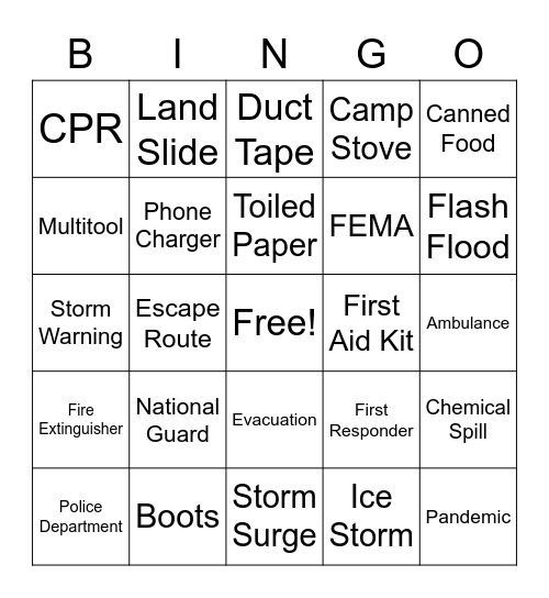 Disaster Preparation Bingo Card