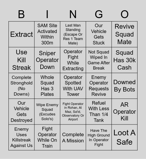 DMZ Bingo Card