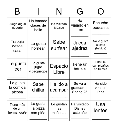 El bingo de la nueva clase de español Bingo Card