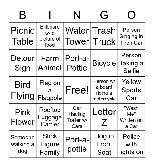 Car Scavenger Hunt Bingo Card