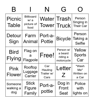 Car Scavenger Hunt Bingo Card