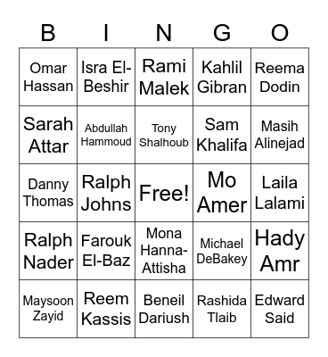 Arab American Heritage Month Bingo Card