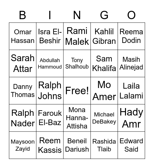 Arab American Heritage Month Bingo Card