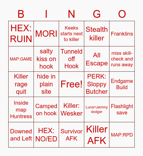 DBD Bing Bingo Card