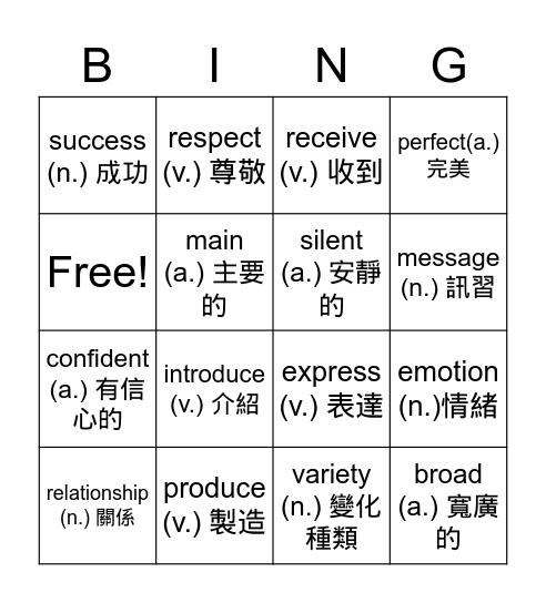 U3 vocab Bingo Card