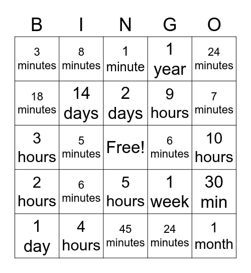 Units of Time Bingo Card