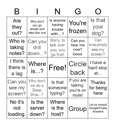 It's zoom meeting common phrases Bingo Card