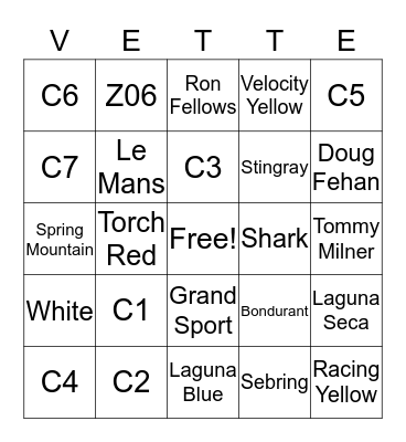 Corvettes of San Diego Bingo Card