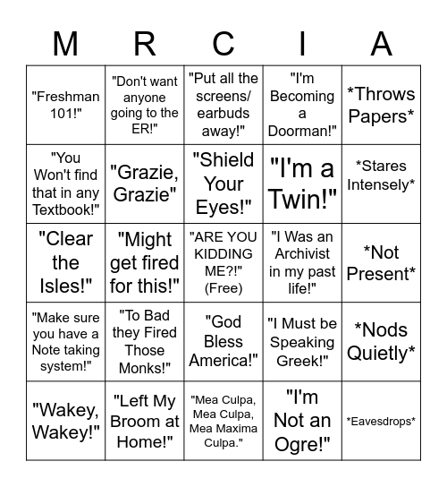 Bohman Bingo Card