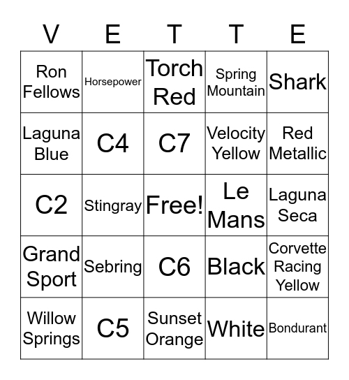 Corvettes of San Diego Bingo Card