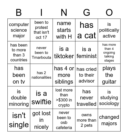 Human Bingo (AUB's version) Bingo Card