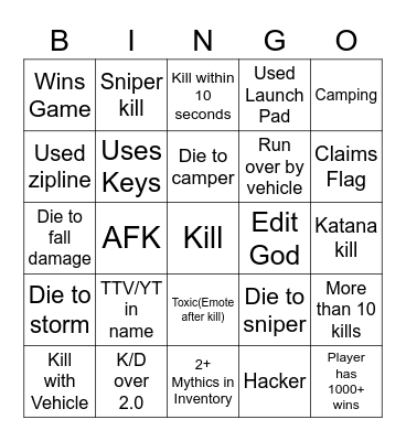 Fortnite Bingo Card