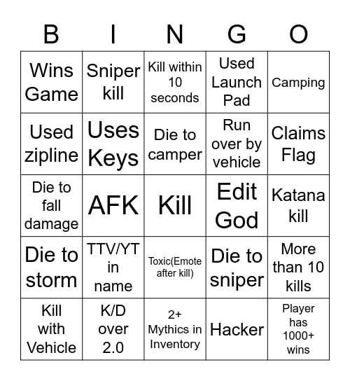 Fortnite Bingo Card