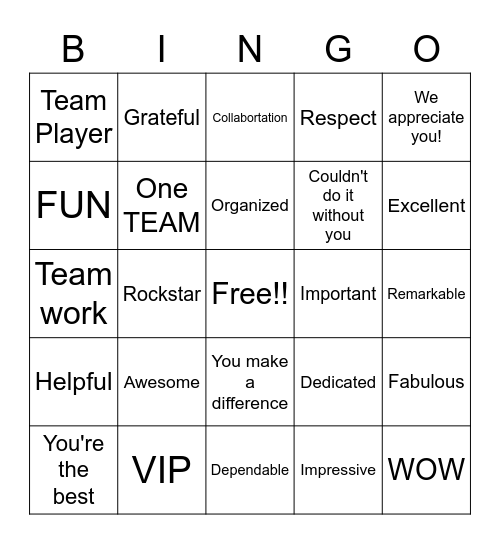 THANK YOU!!! Bingo Card